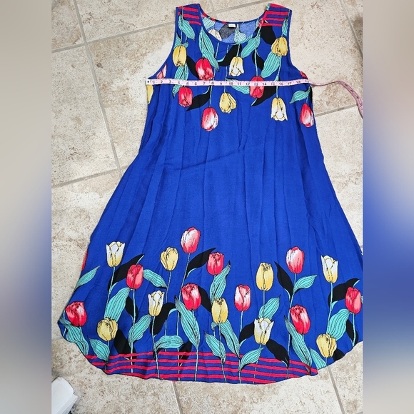 Vintage Women’s M/L Sleeveless Dress Blue Cotton Tulip Floral Retro Boho Resort - Picture 5 of 6